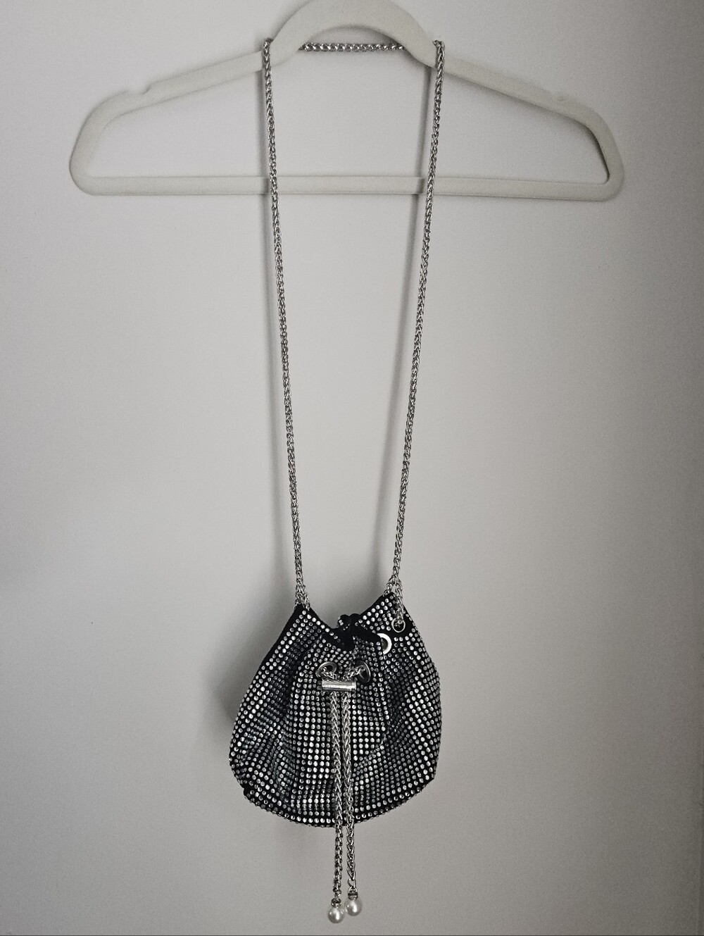 Black Rhinestone Mini Drawstring Bag With Chain